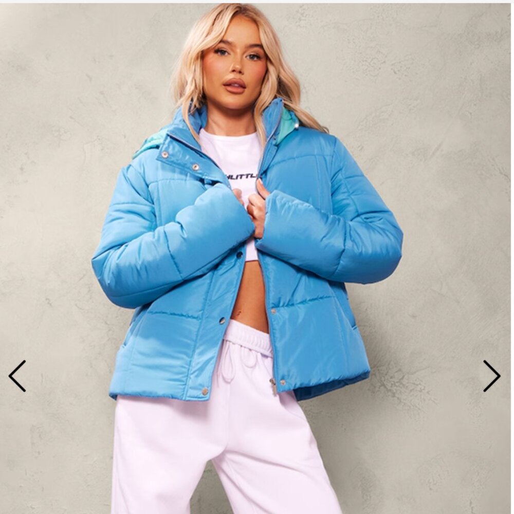 Pretty Little Thing Aqua Contrast Hood Puffer Jacket (Multiple sizes avail.)